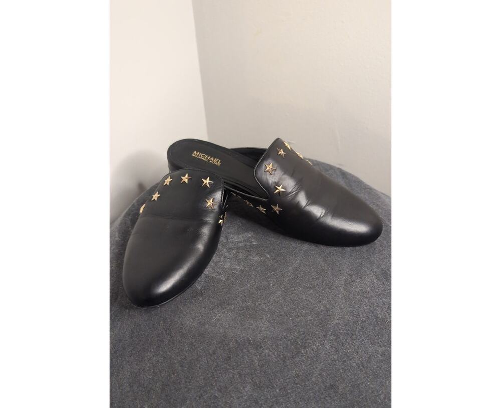 Michael Kors Natasha Black Leather Gold Star Studded Mules 7 EUC